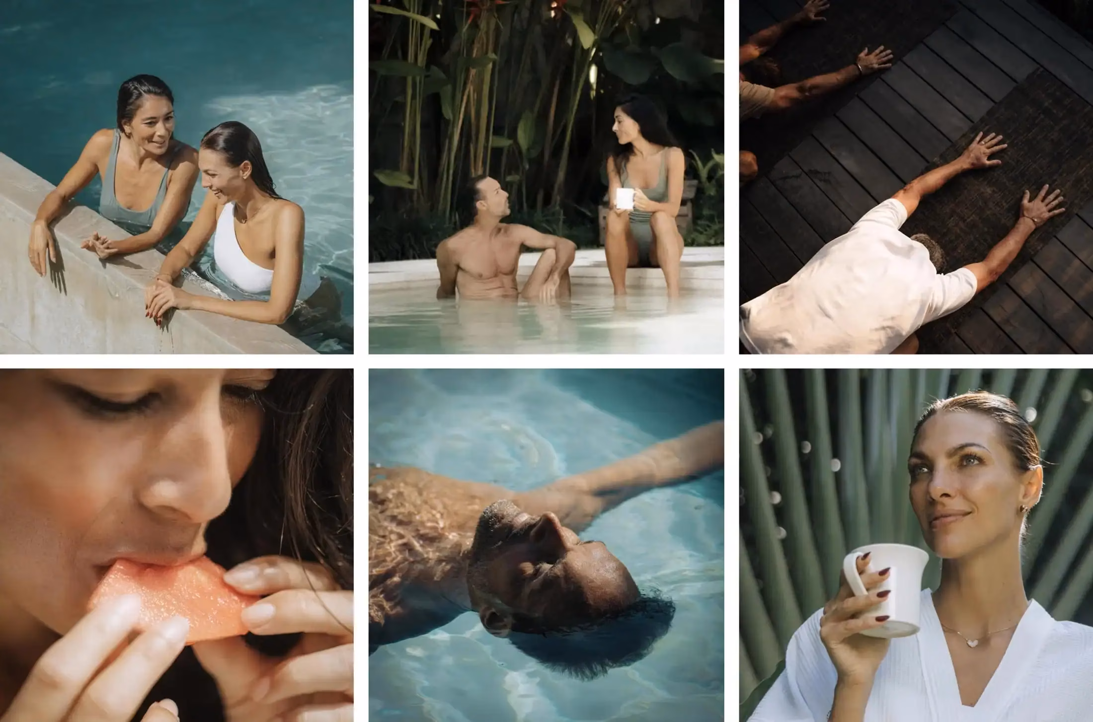 Composite of 6 images showing guests at Mana Spa relaxing and doing yoga