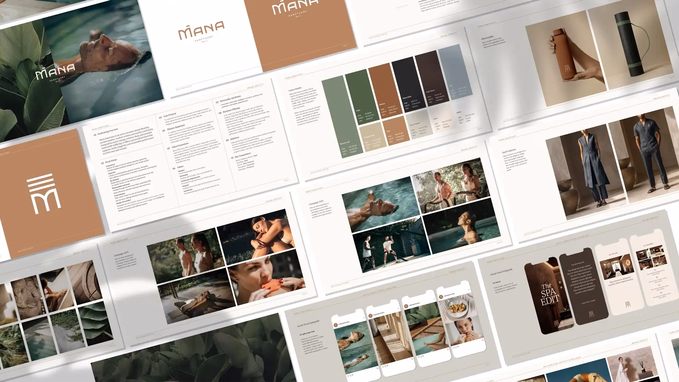 Brand guidelines showing multiple uses of the brand across menus, brochures and social media