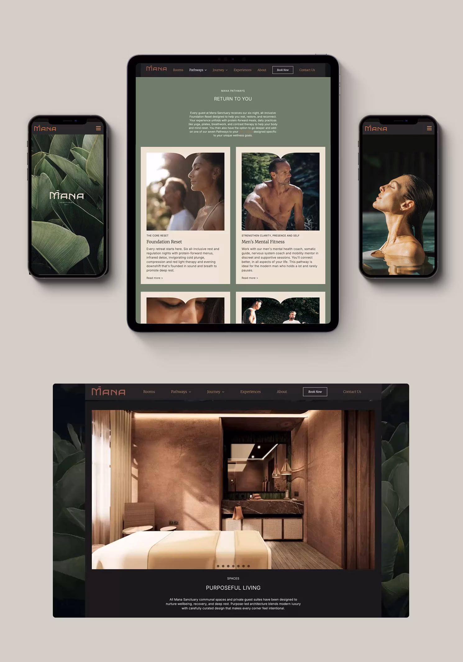 Mana Wellness retreat website options on mobile phone, iPad and laptop screens