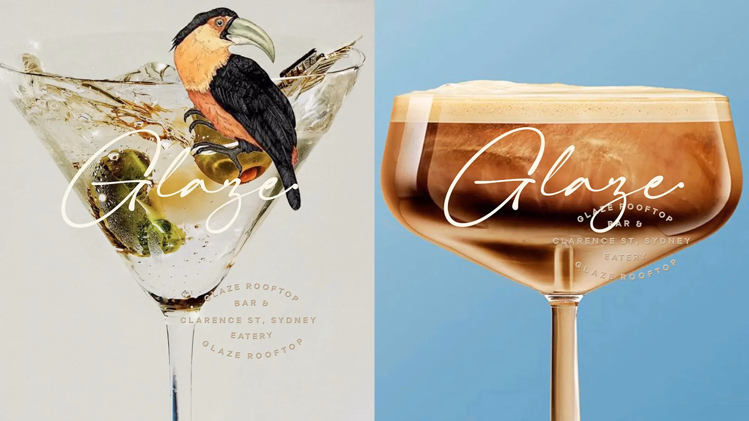 Restaurant branding for The Shorty Hotel with the logo over the top of a cocktail glass and a cocktail glass with an exotic bird perched on the side