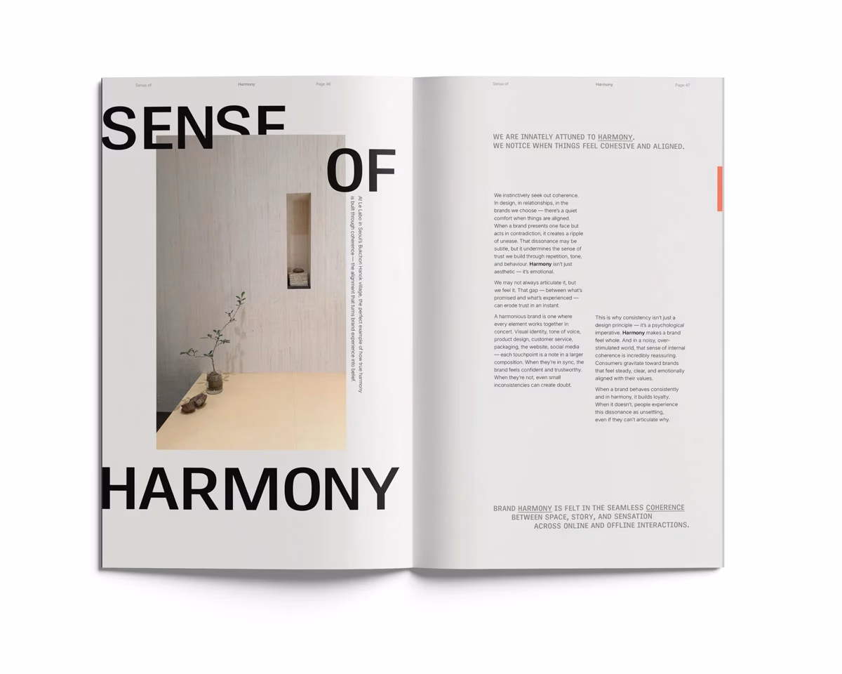 Sensorial-Book-by-Kirsty-Ludbrook_p46-47 SENSORIAL editorial magazine spread featuring minimalist harmony concept with modern typography and clean layouts