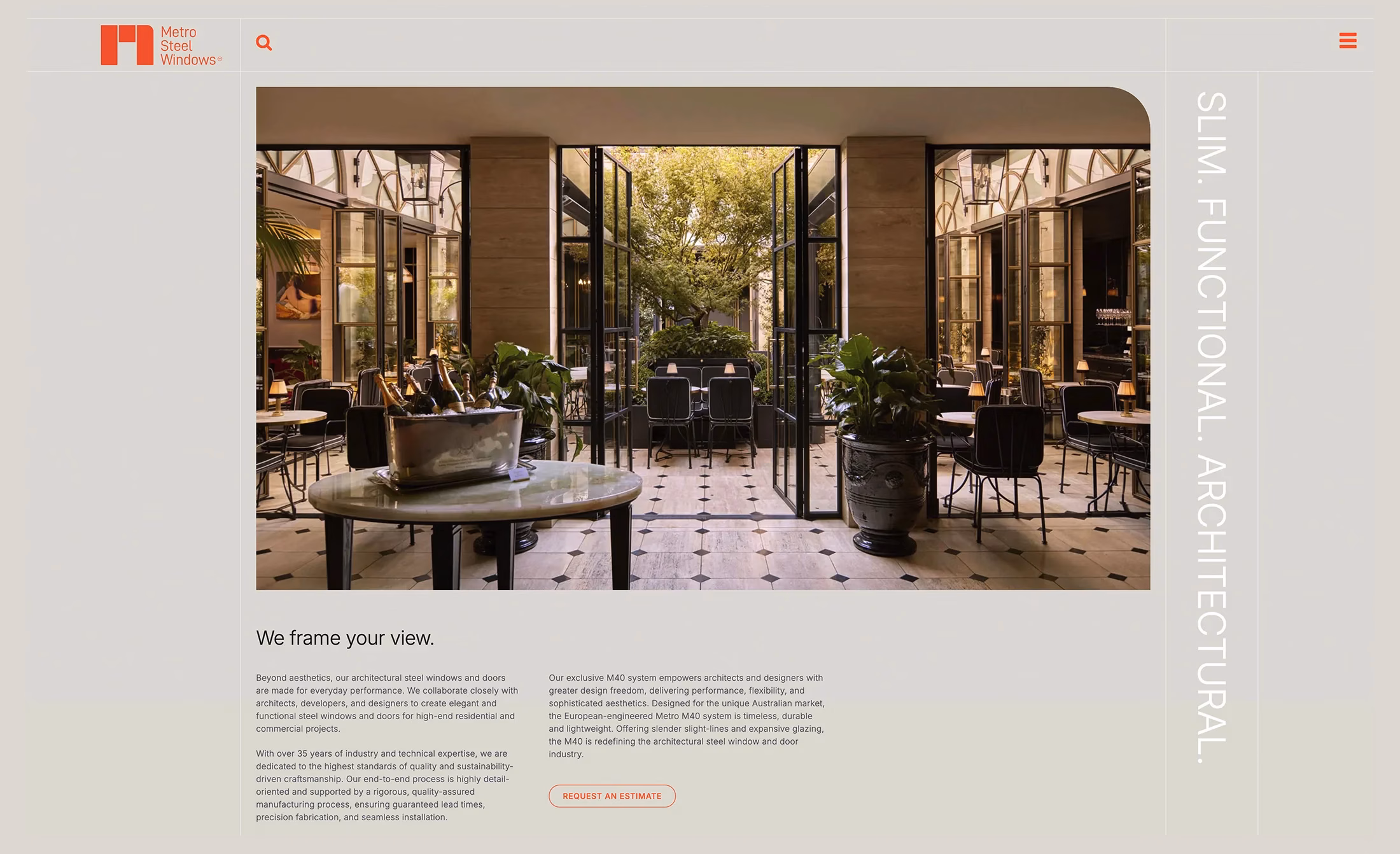 Ludbrook-Agency-Branding+Website_Metro-Steel-Windows_01 Metro Steel Windows architectural showroom featuring slim steel framed glass doors in an elegant hospitality setting