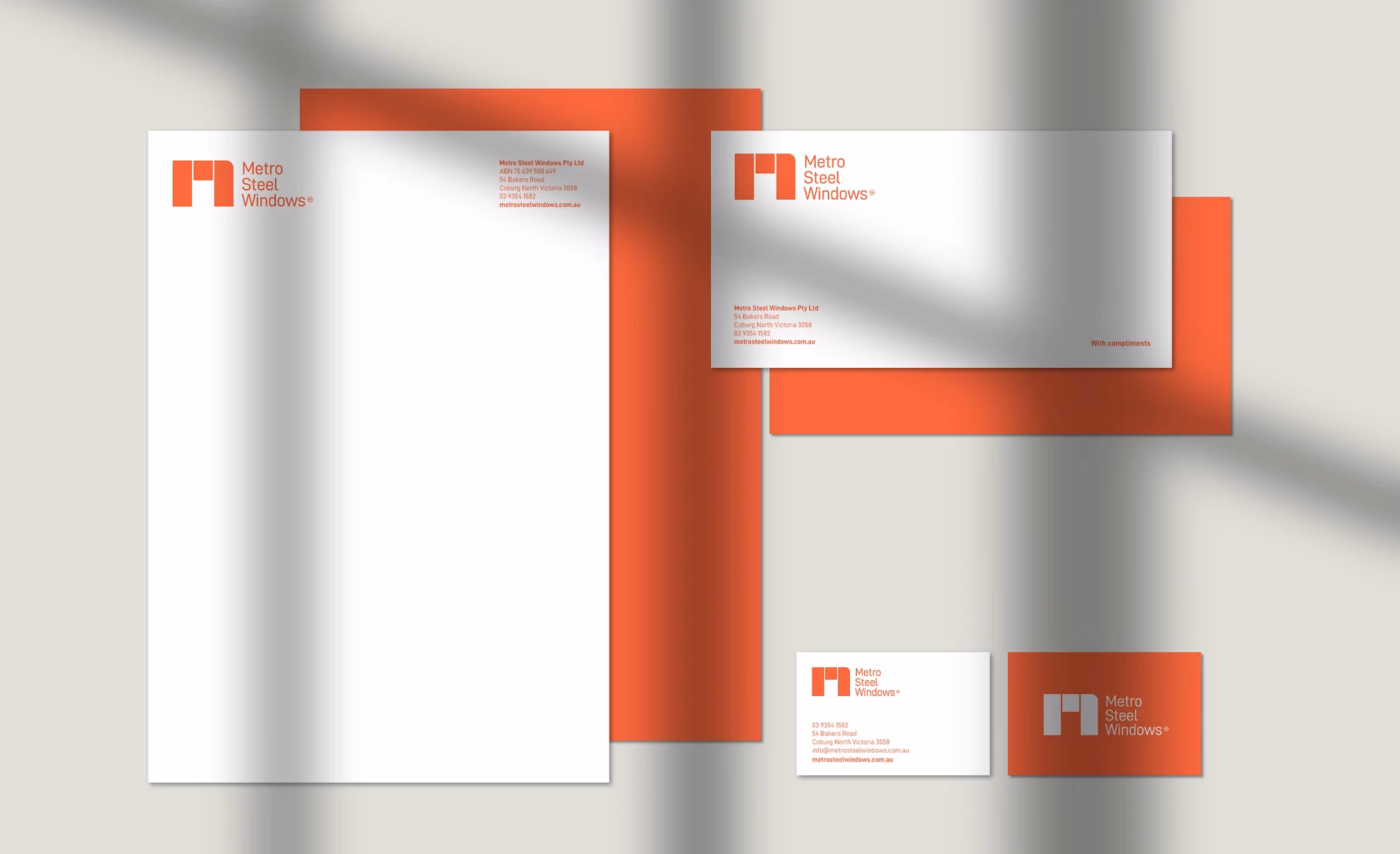 Ludbrook-Agency-Branding+Website_Metro-Steel-Windows_03 Metro Steel Windows stationery branding set featuring minimalist business cards and modern corporate identity design
