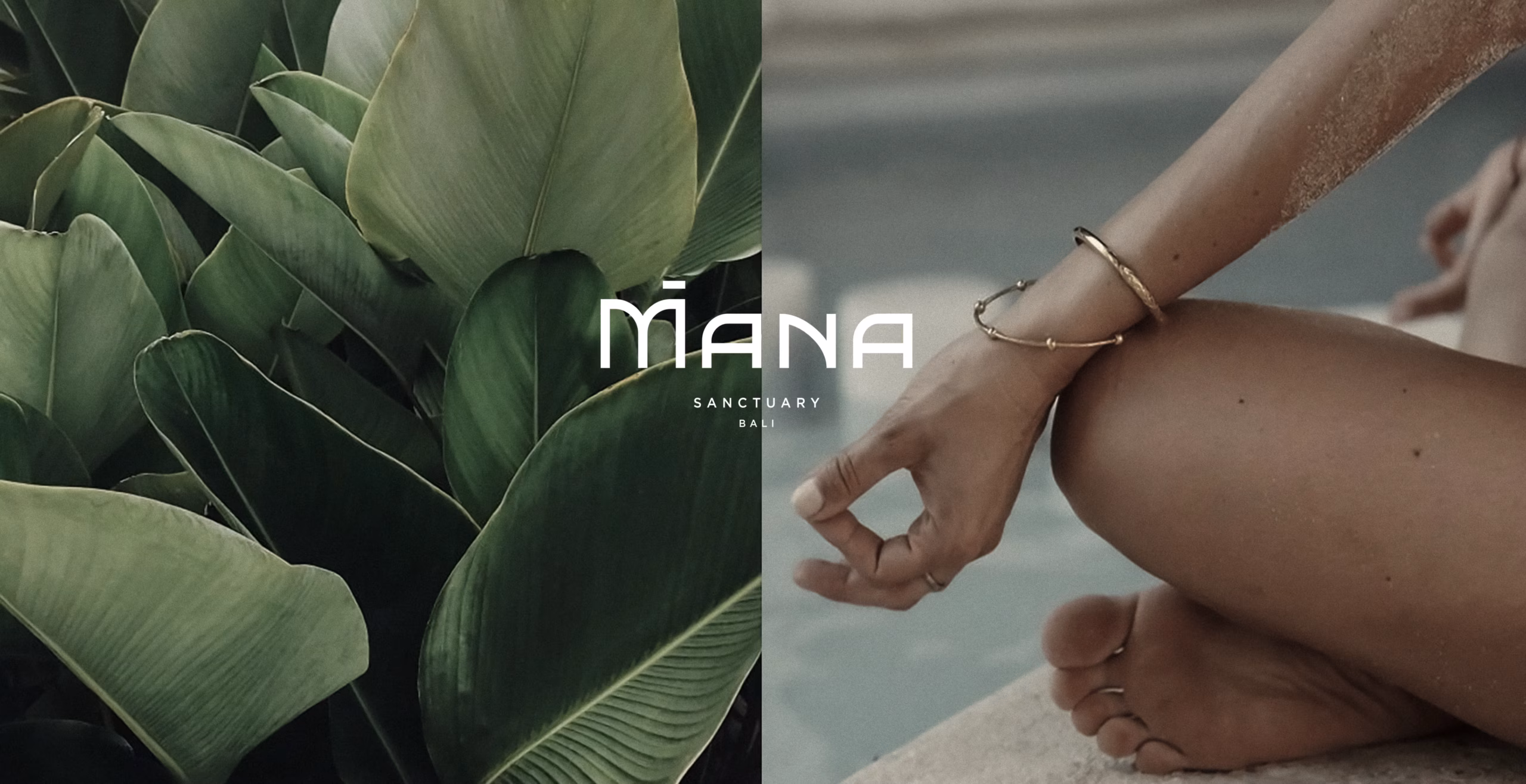 Guest's arm in yoga pose resting on her knee by the pool at Mana Sanctuary wellness retreat Bali